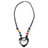 Millefiori Glass Beads and Hematite Heart Pendant Chain Choker Necklace